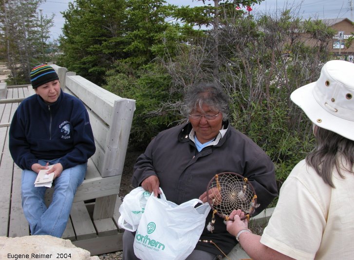IMG 2004-Jul20 at town of Churchill:  group-2004 Inuit-woman+Dene-woman+Doris with LeVernes dream-catcher