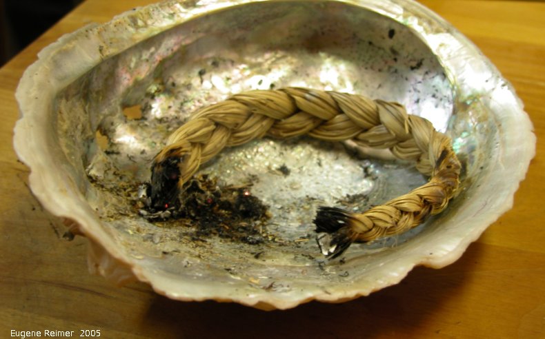 IMG 2005-Jun19 at Doris's kitchen:  Sweetgrass (Hierochloe odorata) braid burning in Abalone-shell