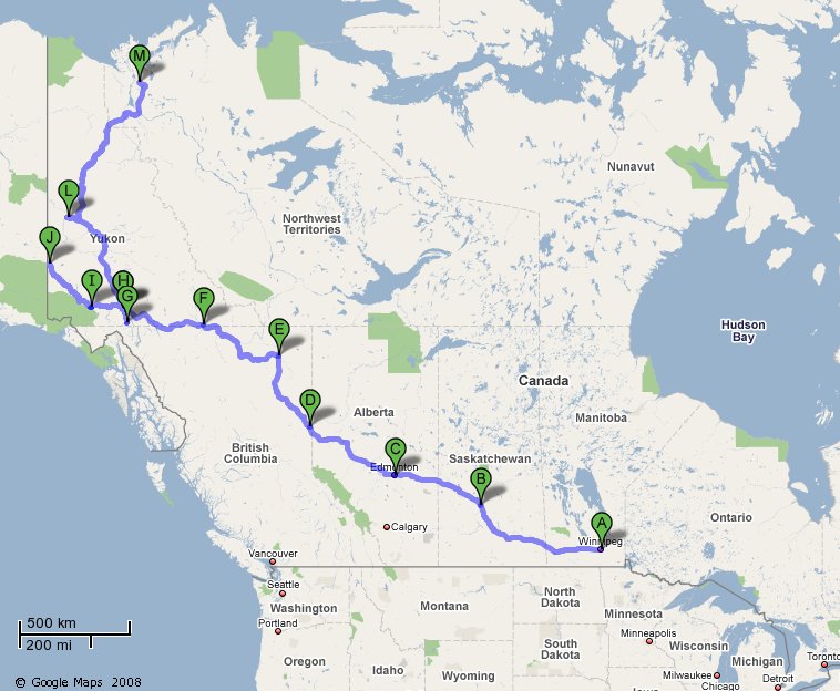 MAP: Winnipeg-MB to BeaverCreek-YT and Whitehorse-YT to Inuvik-NT