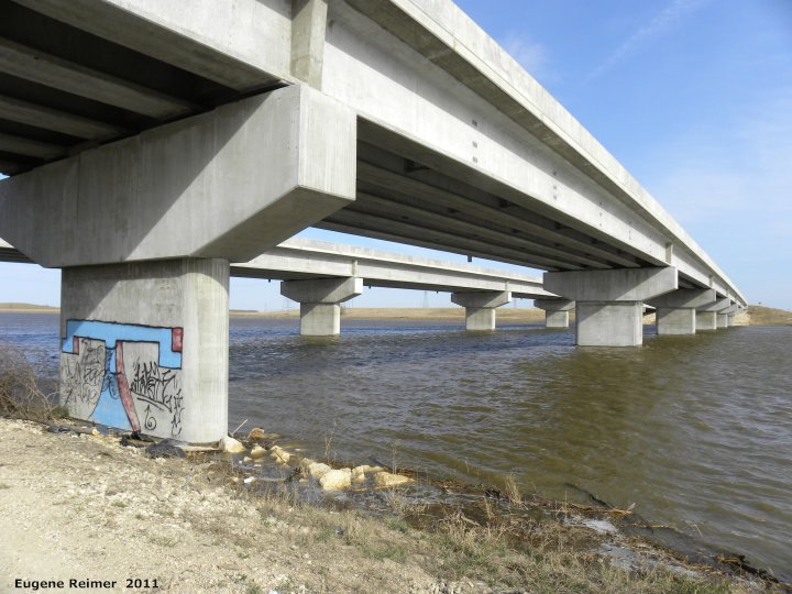 IMG 2011-Apr29 at St-Mary's Rd and SE-Winnipeg or East side of Red River:&nbsp; bridge Lagimodiere Hwy over Red River Floodway from below