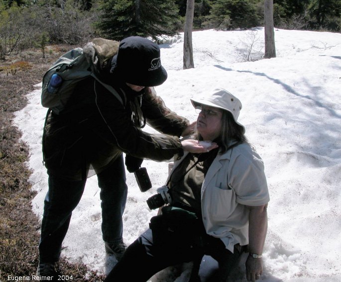 IMG 2004-Jul16 at hike near EastTwinLake:  snow-in-July Huguette+Doris play in snowbank