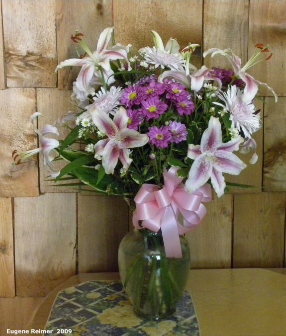 IMG 2009-Jul03 at Iris's:&nbsp; bouquet cedar-shake background