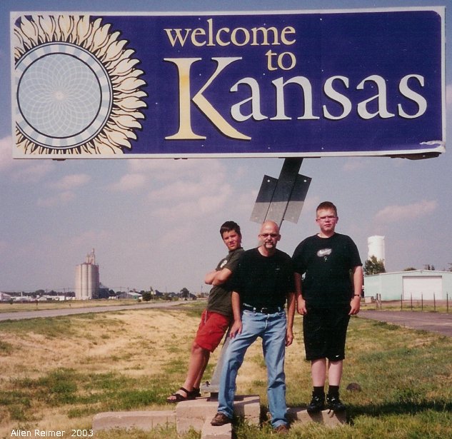 IMG 2003-Aug at Kansas:  Kansas sign Welcome to Kansas with Allen+sons